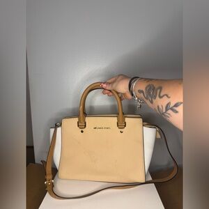 Michael Kors Beige and White Leather Satchel with Tan Handles